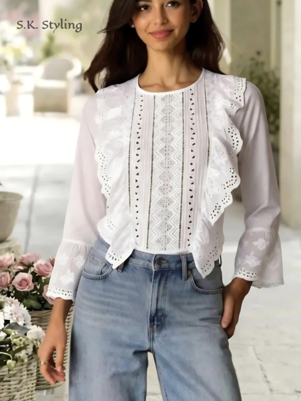 Forever 21 White Eylelet Lace Embroidered Ruffled Crop Top 3/4 Sleeve XS/ Small